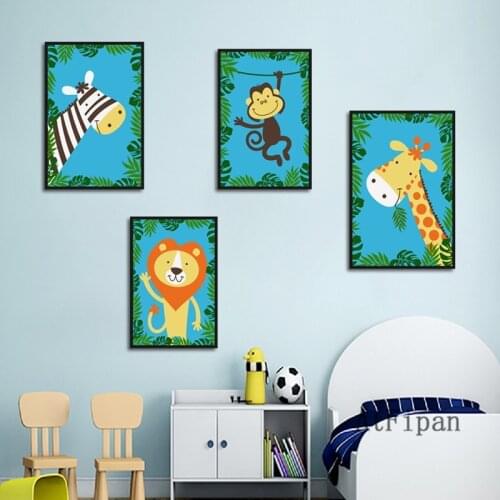 Cartoon Cute Animals Poster Zebra Monkey Giraffe Lion Picture For Children Room Kindergarten Wall Printing Art Canvas Decor
