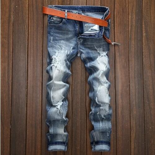2020 Spring Mens jeans Ripped Stretch Jeans Trendy Holes Straight Denim Trouers High Street Casual Pants