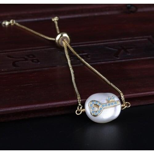 Mint lake blue cz paved tiny heart key charm freshwater pearl bead charms dainty link bracelet for women wedding birthday gift