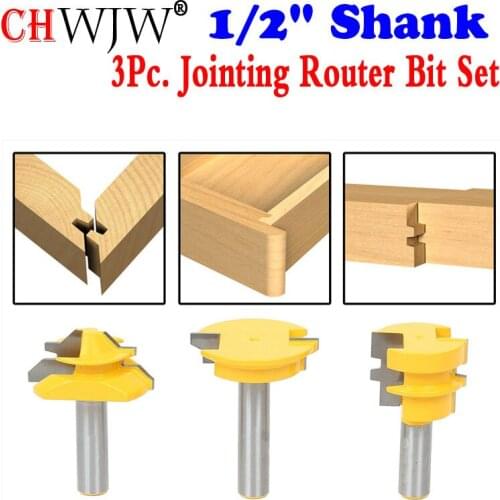 3PC1/2"Shank Jointing Router Bit Set -Lock Miter, Glue Joint, Drawer Front Woodworking cutter Tenon Cutter for Woodworking Tools