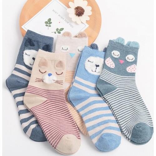5Pairs New Spring Autumn Women Cotton Socks In tube Animal Ear Cute Socks Fox Bear Soft Cartoon Socks Girl