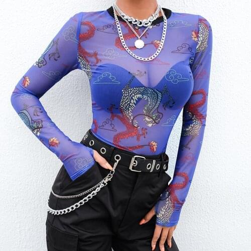 NEWDISCVRY 2020 New Summer Mesh Transparent Tshirt Women Harajuku Dragon Print Crop Top Tees See Through Top Women Sexy Shirt