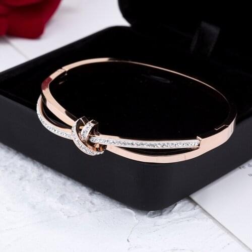2021 New Titanium Steel Fashion Full CZ Crystal Bowknot Cuff Bangles Bracelet Rose Gold Wedding Bangle Jewelry For Women