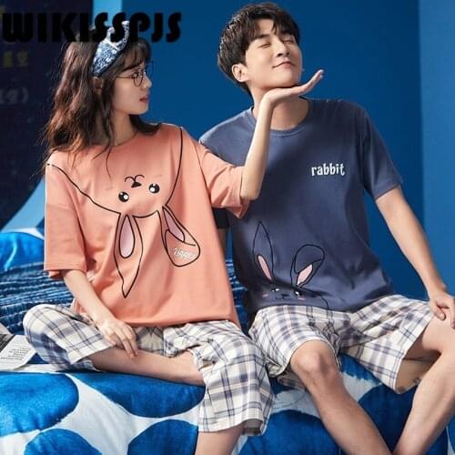 WIKISSPJS 2021 Summer New Pure Cotton Pajamas Couple Fashion Home Suit Two Piece Set Summer Bedroom Set Pajamas for Women