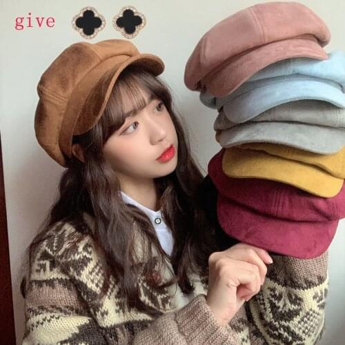 New Women Deer Velvet Blend Berets Winter Autumn Octagonal Beret Caps Stylish Artist Painter Newsboy Hats Black Grey Beret Hats