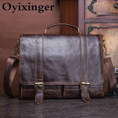 OYIXINGER Men Laptop Bag Genuine Leather Business Shoulder Bag Vintage Laptop Bags For 13" 14" Macbook Xiaomi Male Messenger Bag