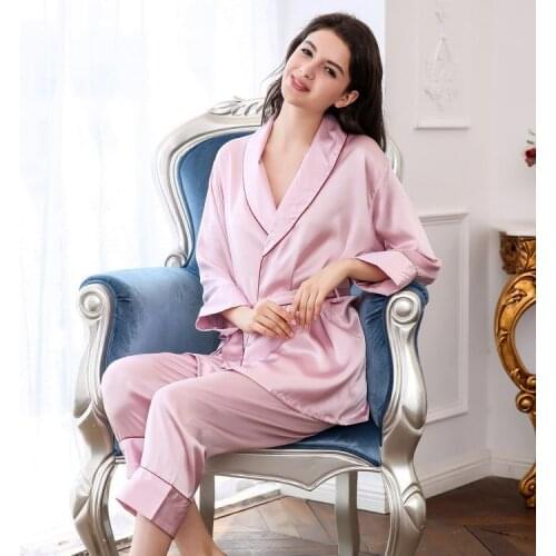 100% Silk Pajamas 2 Pieces Soft Fashion Elegant Luxury Brand Sleepwear purity Princess Home Wear Long-sleeve girdling v-ceck