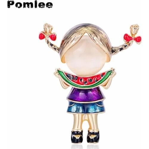 Pomlee Opal Enamel Eat Watermelon With Two Braids Girl Brooches Sweet Brooch Pin Children Jewelry Fashion Jewelry Available Gift