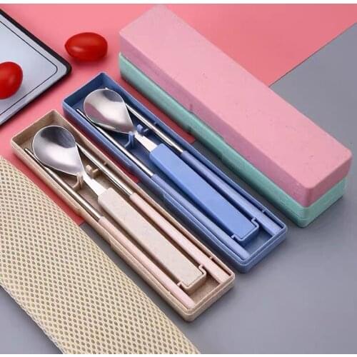 Portable Travel Outdoors Tableware 410 Stainless Steel Wheat Straw Spoon Chopsticks Tableware With Women Kids Birthday Gift