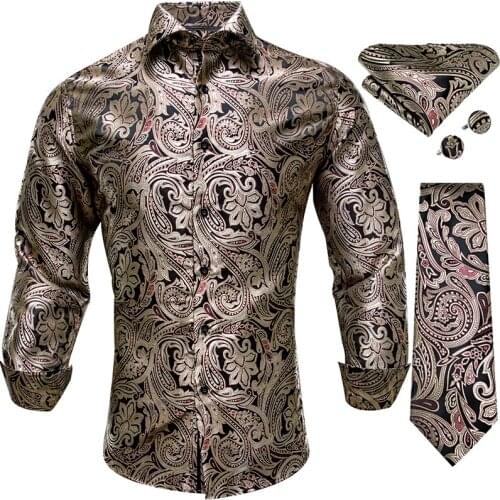 Hi-Tie Carbon Paisley Full Sleeve Casual Mens Shirts Set Floral Woven Fashion Luxury Soft Silk Shirts Set For Wedding Dress