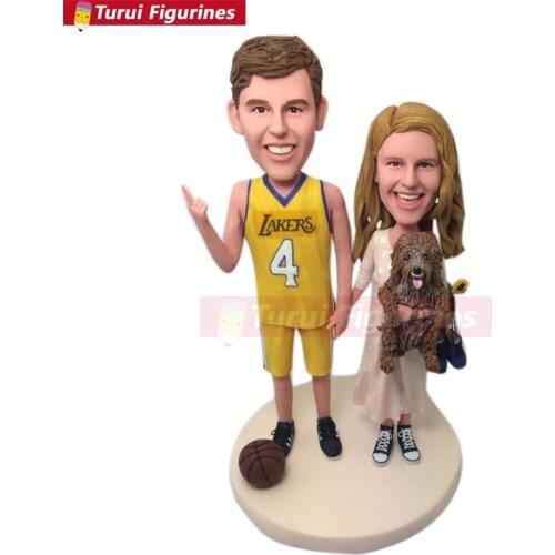 Sports Basketball Wedding Cake Topper Custom Bobble Head Clay Figurine Based on Customers' Photos Using As Wedding Birthday Cake
