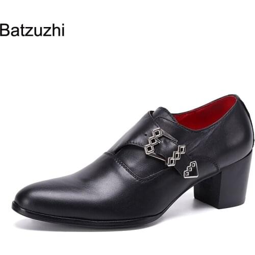 Batzuzhi 7cm High Heels Men Shoes Pointed Toe Black Genuine Leather Dress Shoes Men Buckle Strap Business Leather Shoes Male