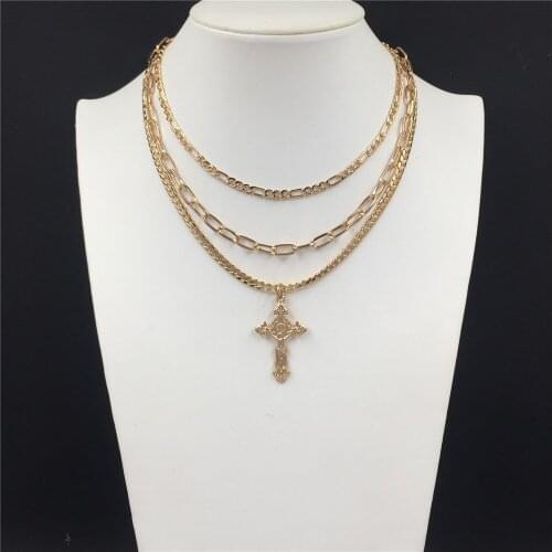 Gorgeous Gold Color Plating Snake Chain Cuba Chain Layered Necklace with Engraved Cross Pendant For Women Chic Trendy Jewelry