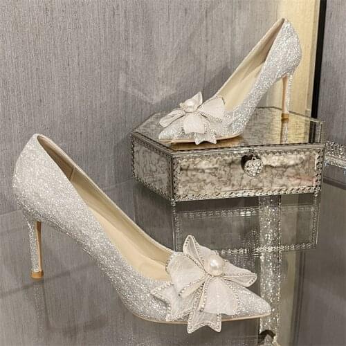 Spring butterfly sequins stiletto high heel bridal wedding shoes banquet dress large size small size pointed toe womens shoes