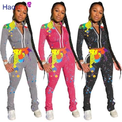 HAOOHU Activewear Splash ink print Womens Set Track Jacket Jogger Pant Set Sporty Tracksuit Fitness Two Piece Set Outfits