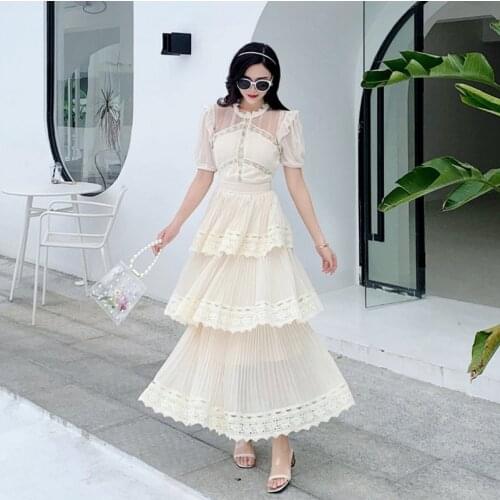 2020 Summer Women Lace Embroidery Long A-Line Cake Dresses Female Short Sleeve threeLayers Ruffles Patchwork Runway Layered Dres