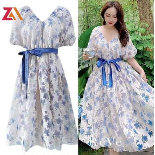 ZALady Beach Chic Midi Dresses For Women Puff Short Sleeve V-neck Floral Elegant Goblincore Holiday Party Evening Dress vestidos