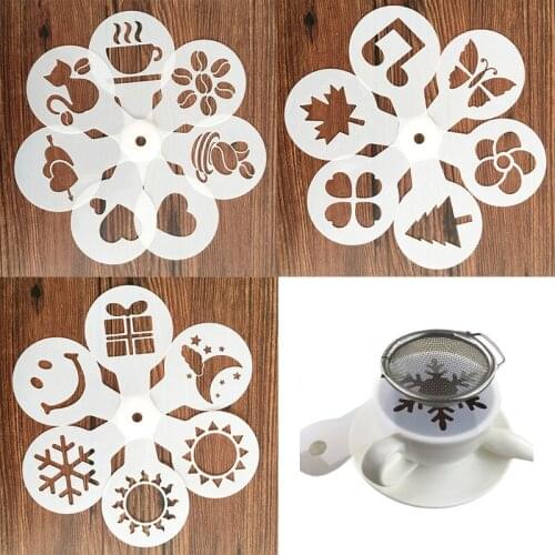 19Pcs Coffee Printing Model Foam Spray Coffee Stencils Fancy Cake Stencils Coffee Drawing Cappuccino Mold Powdered Sieve Tools
