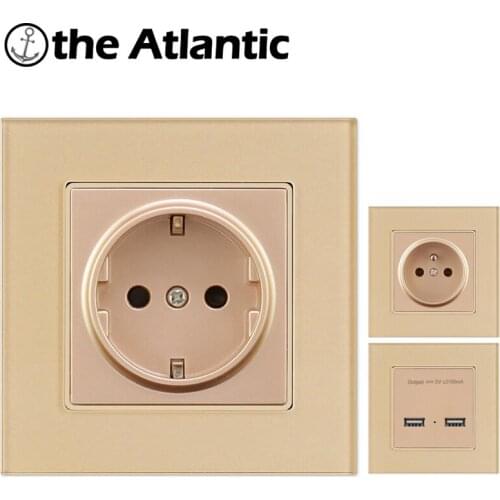 Atlectric Dual USB Port EU FR Socket Wall Charger Adapter Charging Outlet Tempered Glass Panel Electrical Plug Socket