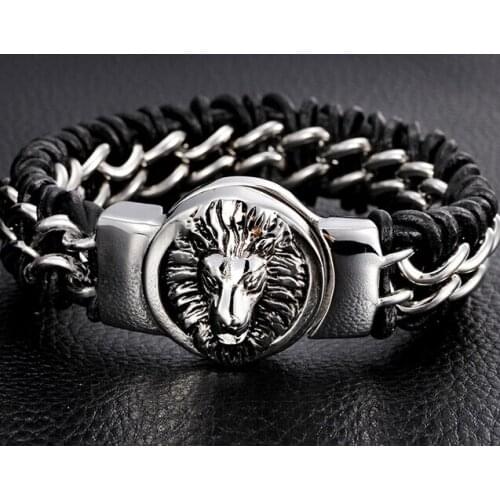 106g heavy Huge Mens gifts wheat genuine leather Stainless Steel BIKER lion Head Bracelet bangle 17mm 8.66