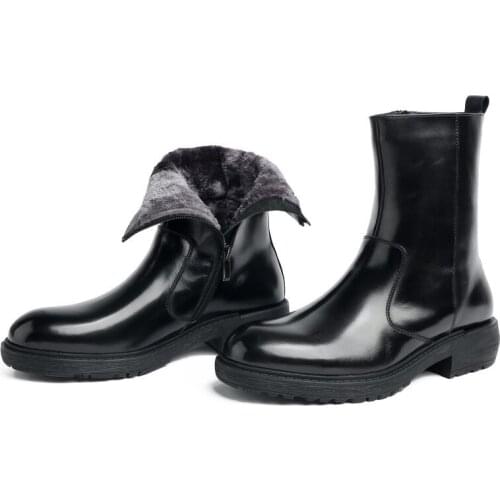 Mid-tube boots, British mens boots, leather zipper, plus velvet warm cotton boots