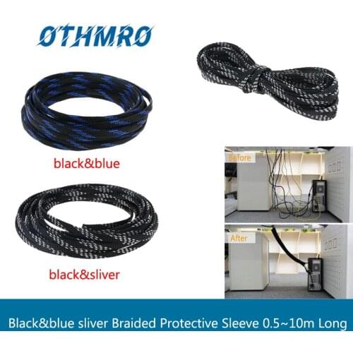 Black&blue&sliver Braided Protective Sleeve 0.5~10m Long Corrosion-Resistant Braided Cable Insulation Sleeve For Protecting Wire