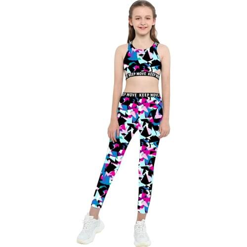Kids Girls Gymnastics & Dancewear Outfit Digital Print Sleeveless Mesh Racer Back Ballet Tanks Crop Top with Leggings Pants