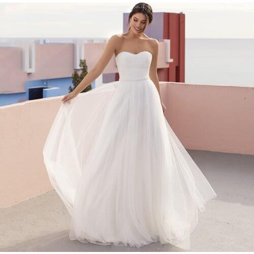 A-Line Tulle Strapless Wedding Dress 2021 ELegant Sweep Train Pleats Sleeveless Backless Bridal Gowns Vestido De Novia