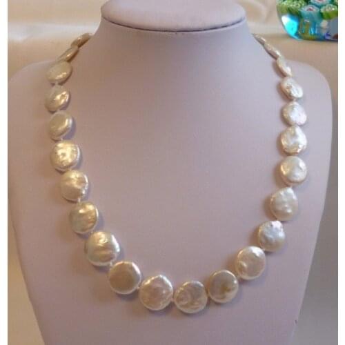 Genuiner13-14mm coin freshwater pearl necklace chain white shipping free