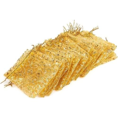 Hot 100Pcs 10X15cm Eyelash Printed Gold Organza Bags Jewelry Pouch Bags Organza Drawstring Pouches for Wedding Favors Candy Gift