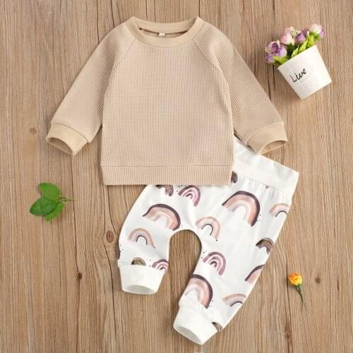 Newborn Toddler Baby Boys 2-piece Outfit Set Long Sleeve Waffle Top+Rainbow Print Pants Set for Kids Boys Clothes Set 0-24M