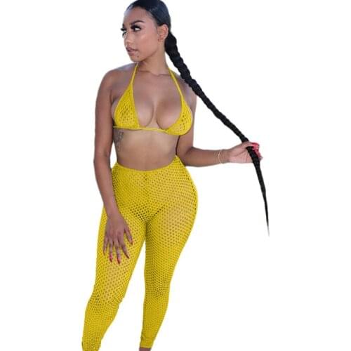 See Through Mesh Pants Set Fashion Hollow Out Mesh Sheer Sexy Mesh Two Piece Set Beach Sexy Bra Sets Cover Ups Swimwear Women