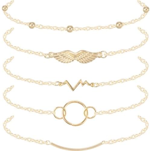 New Gold Color Minimalism Beads Chain Bracelet Set Female Personality 5pcs/set Metal Geometric Circle Bracelets For Women