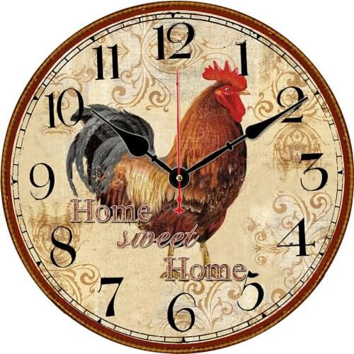 Kitchen Wall Clock Beautiful Rural Crowing Cock Rooster Print Round Wall Clock Decorative Quartz Analog Quiet Desk Clock
