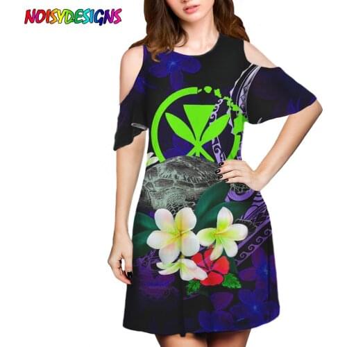 NOISYDESIGNS Sexy Off Shoulder Short Sleeve Dress For Women 2021 Polinesian Turtle Plumeria Design Mini Woman Dresses Robe Femme