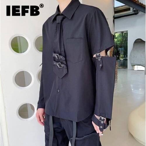 IEFB 2021 New Locomotive Style Metal Strap Long Sleeve Shirt Mens Personal Tie Lapel Tops Black White Design Tops Autumn 9Y8901