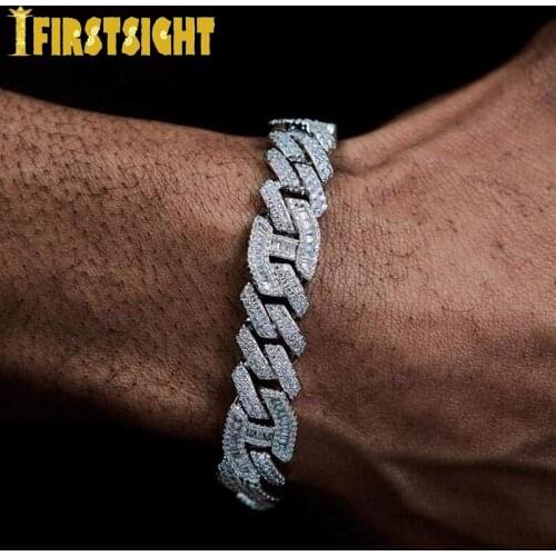 New 15MM Micro paved Baguette Zircon Cuban Bracelet Iced Out Bling Hip hop Jewelry Silver Color CZ Cuban Chain Bracelet Men
