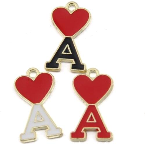 Wholesale 100pcs 10*20mm Love Heart Decorated Enamel Alloy Letter A Jewelry Charms Gold Tone Dripping Oil Necklace Pendants
