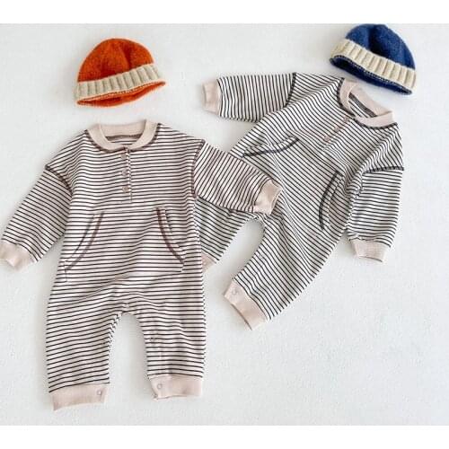 Autumn Spring Baby Clothes Striped Big Pocket Infant Girls Boys Jumpsuits Simple Style Baby Playsuit