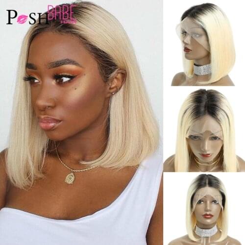 POSH BABE 13x4 1B 613 Blonde Ombre Colored Lace Front Human Hair Wigs For Women Remy Indian Straight 613 Bob Wigs Free Shipping
