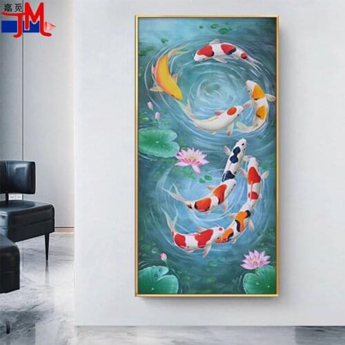 Rhinestone Decor Koi Fish Diamond Embroidery Cross Stitch Feng Shui Carp Lotus Pond Pictures Diy Diamond Painting Square Drill