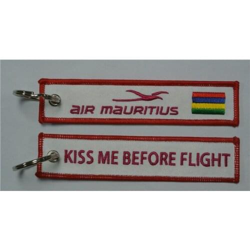 Air Mauritius Kiss Me Before Flight Fabric Embroidery Keychain Key Tag