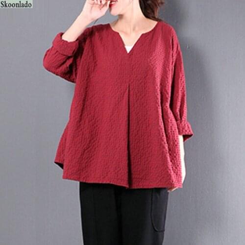 Plus size 5XL Womens latest V-neck long-sleeved cotton linen solid color plaid casual comfortable loose tops linen blouses lady