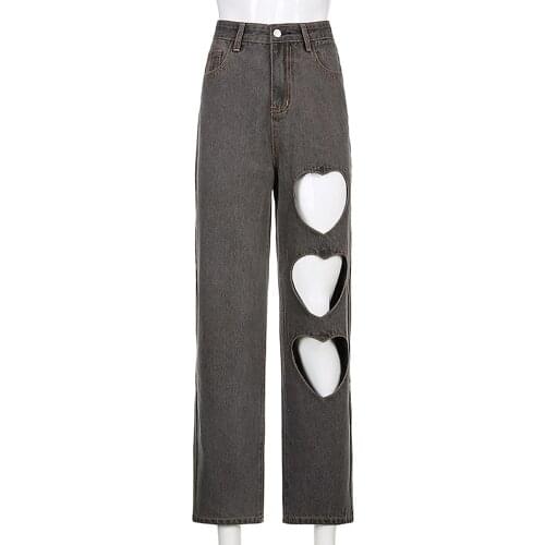 Womens Summer Pants Casual Trousers Heart-Shapeed Hollow Out Baggy Broken Fashion High Waisted Street Style Jeans