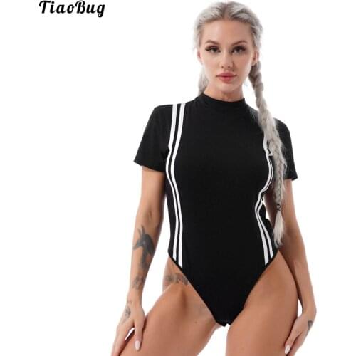 TiaoBug Women Summer One-Piece Swimming Jumpsuit Stand Collar Short Sleeves Stripes Print Side Press Buttons At Crotch Bodysuit