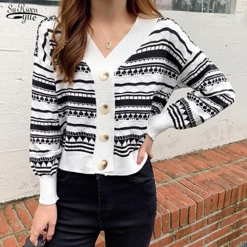 Retro Shirt Check Long Sleeve Single Breasted Striped Loose Knit Cardigan Autumn 2021 Korean V-neck Sweater Coat Tide Lady 17063