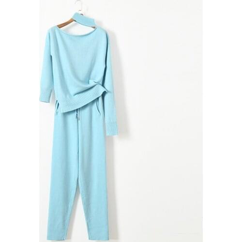 2019 Tracksuits Top Wool Fashion Full O-neck Cashmere Knitted Sweater Suit Collar Female Halter Two Piece Pants New Winter