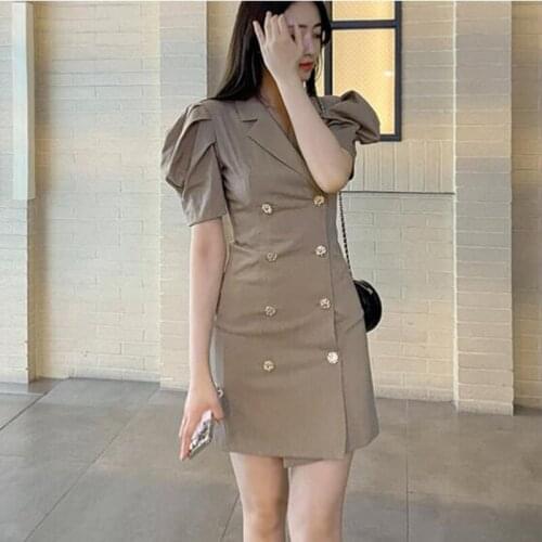 2021 Newest Business Bodycon Work Blazer Dress Women Formal Double-Breasted Ruffles Puff Sleeve Notched Collar OL Mini Dress