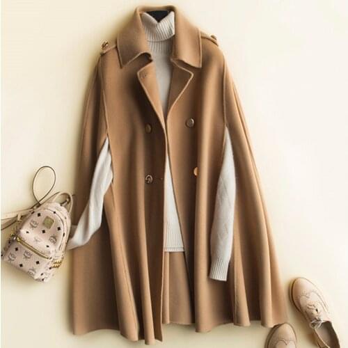 2020 100% Wool Mid Long Bat Cape Women Woolen Coats Autumn Loose Double Sided Cashmere Coat Female Fashion Brown Outerwear