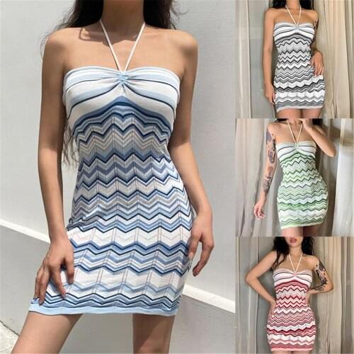 2021 Halter Backless Bodycon Dress Summer Sexy Off Shoulder Striped Mini Skirt Women Slim Short Y2K Party Knit Casual Clubwear